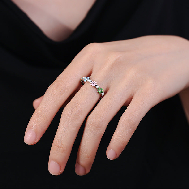 Korean Style Elegant Micro Inlaid Zircon Flower Ring