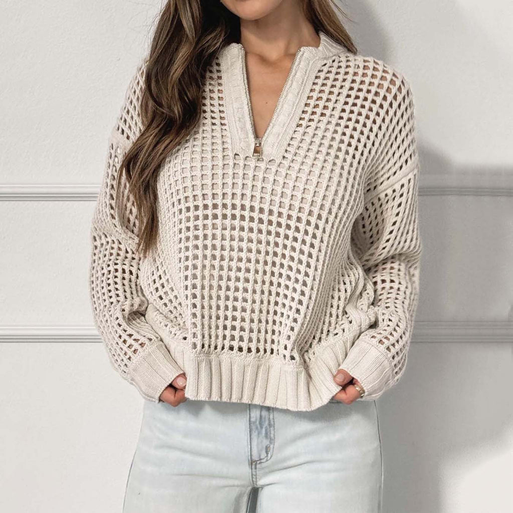 Fashion Women's Wear Pullover Zipper Half Cardigan Hollow Out Sweater