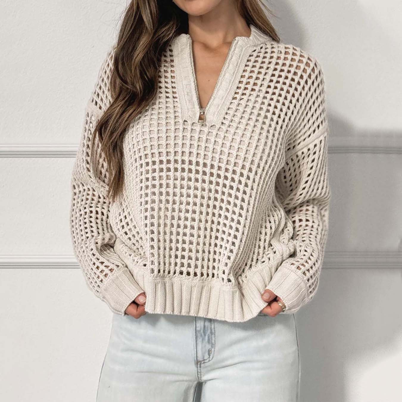 Fashion Women's Wear Pullover Zipper Half Cardigan Hollow Out Sweater