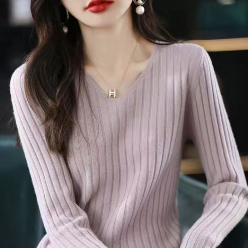 Slim V-neck Pullover Long Sleeve Knitted Sweater
