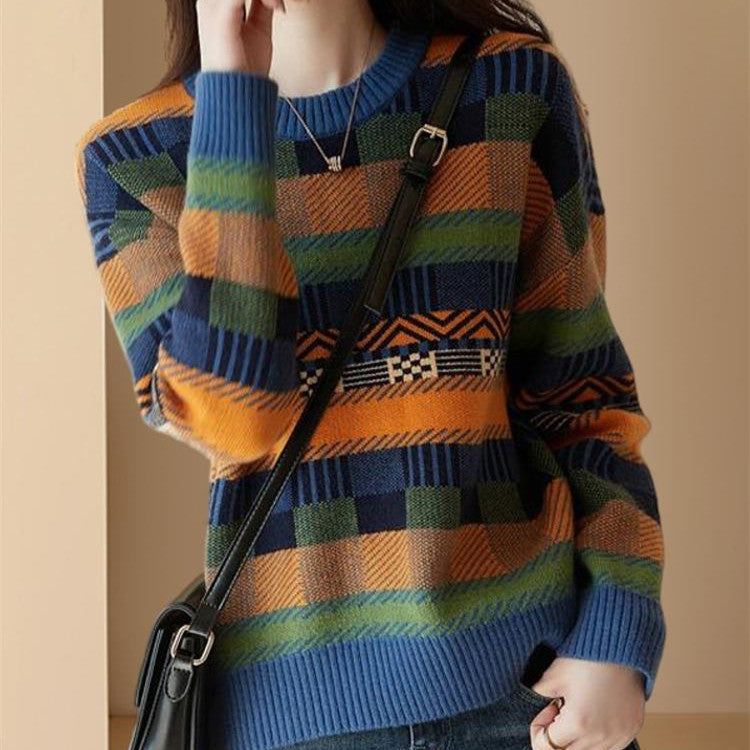 Contrast Color Long Sleeves Knitwear Sweater Coat
