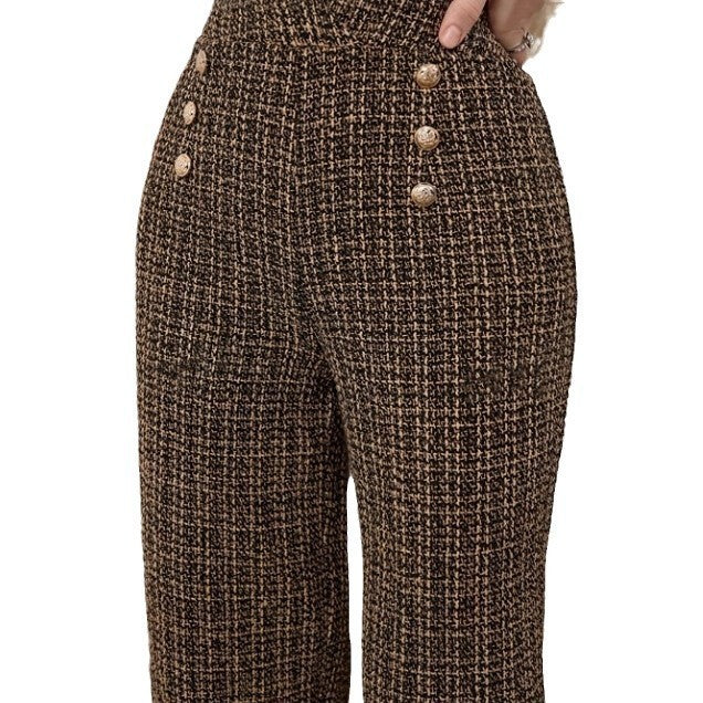 Versatile Classic Style Plaid Double-breasted Tweed High Waist Slimming Wide-leg Pants