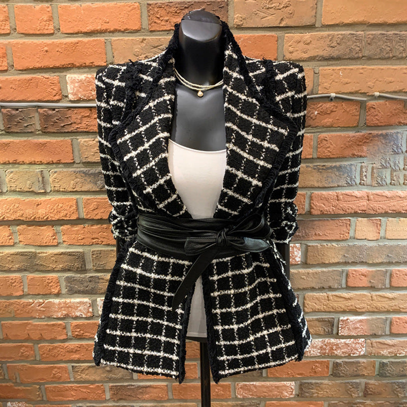 Fashion Small Fragrant Long-sleeved Tweed Plaid Small Suit Waist Woolen Coat Female Quilted