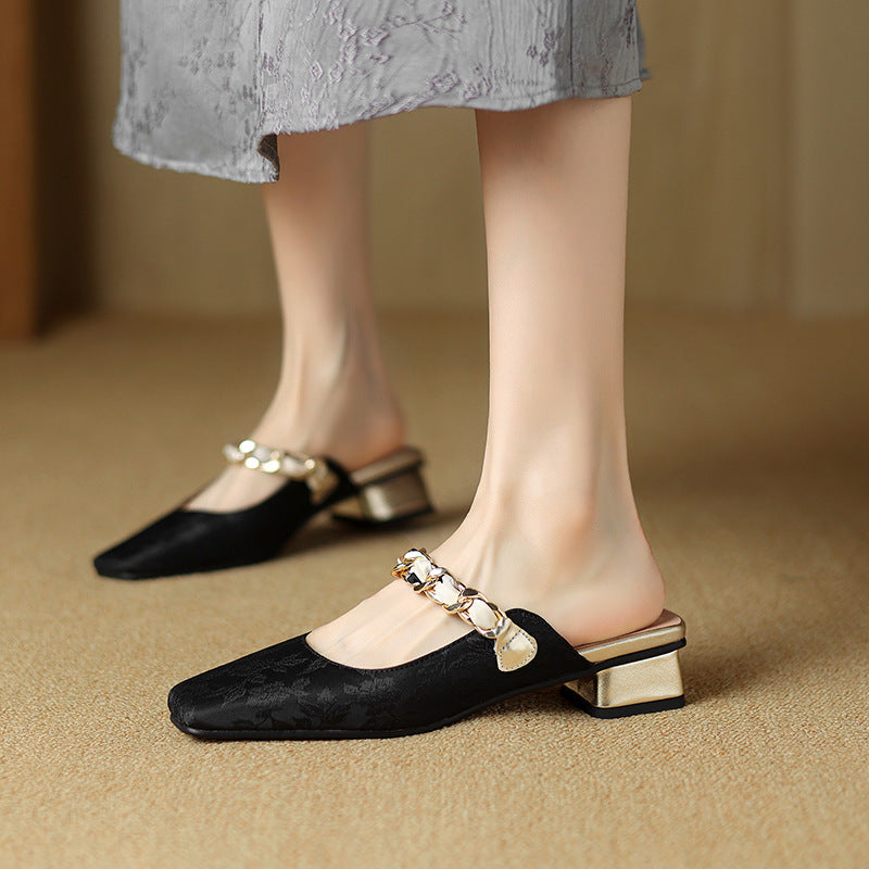 Low Heel Square Head 32-43 National Style Metal Chain Outdoor Slippers