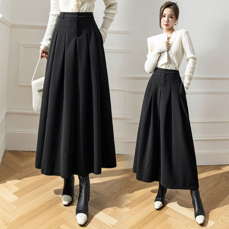 Women's Fashion High Waist Korean Style Woolen Large Swing Skirt