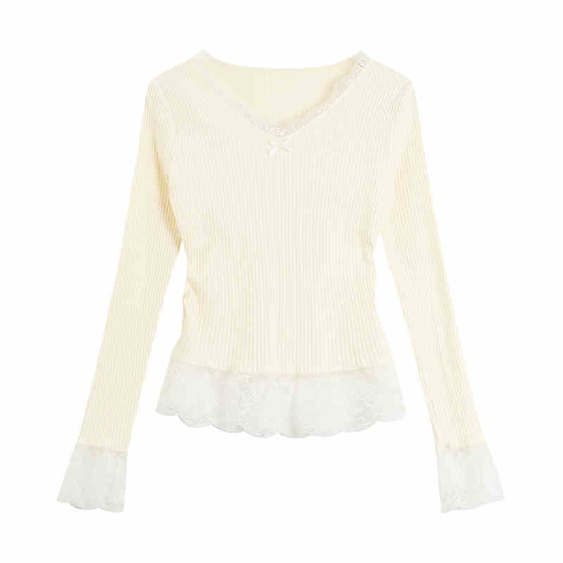 Fake Two Pieces V-neck Stitching Lace Lace Knitwear