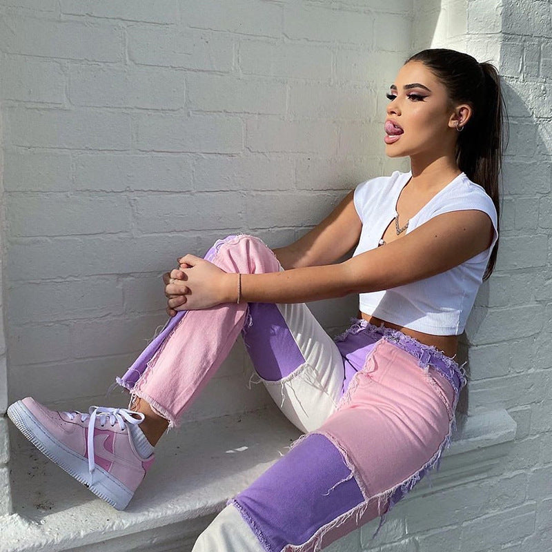 High-rise colorblock slim-fit straight-leg jeans