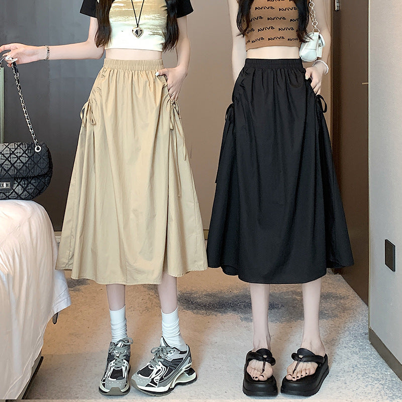 Elastic Waist Pure Color Tied Drawstring Pocket Large Swing Skirt Mid-length French Cotton Suit Skirt