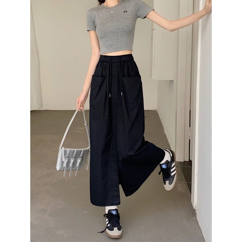 Women's Korean Style Sense Of Design Washed Cotton Midi Skirt