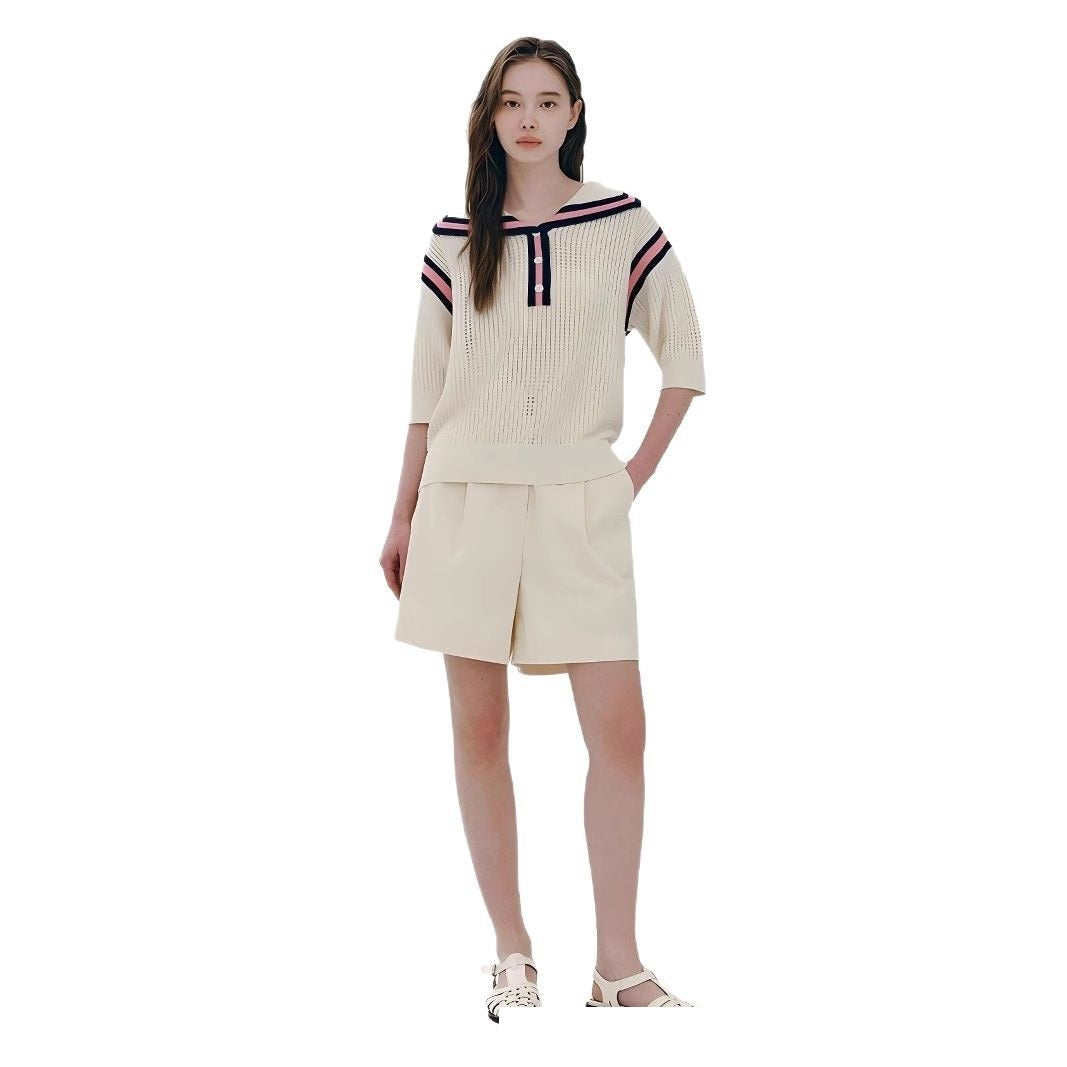 European And American Fashion Casual Preppy Style Collar Color Crocheted Knitted Pullover