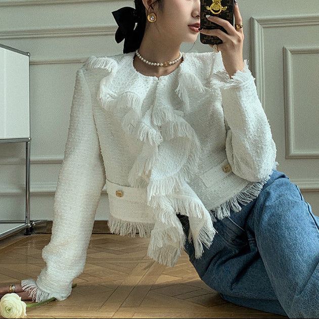 Women's Frayed Ruffle Collar Short Tweed Coat