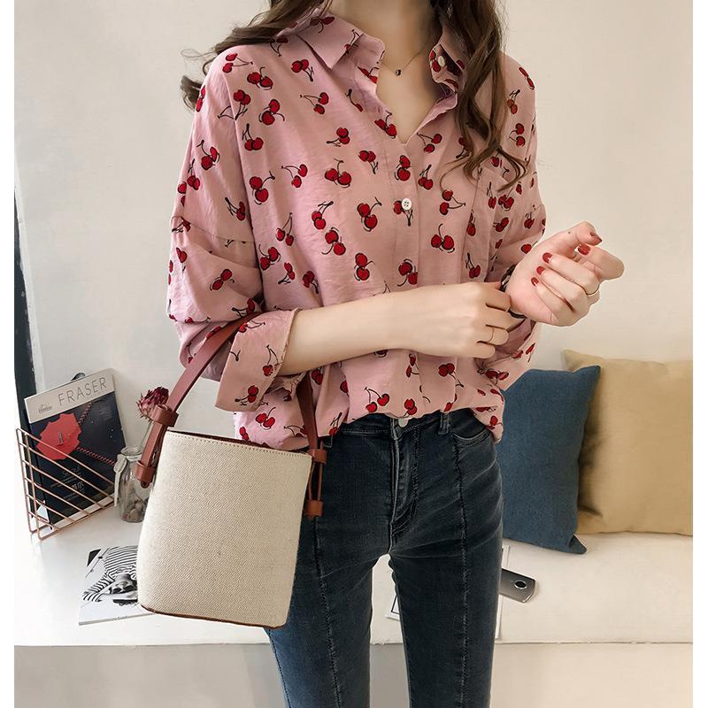 Women's Long-sleeved Shirt Loose Sweet Cherry Printed