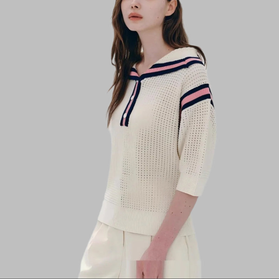 European And American Fashion Casual Preppy Style Collar Color Crocheted Knitted Pullover