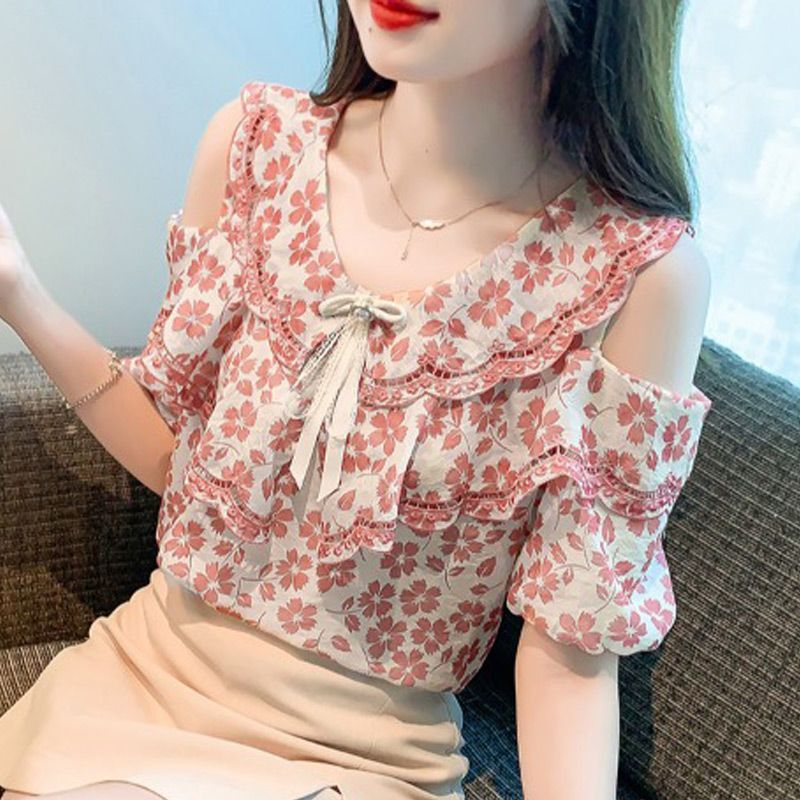 Women's Floral Short-sleeved Chiffon Blouse Off-shoulder Sweet Shirt