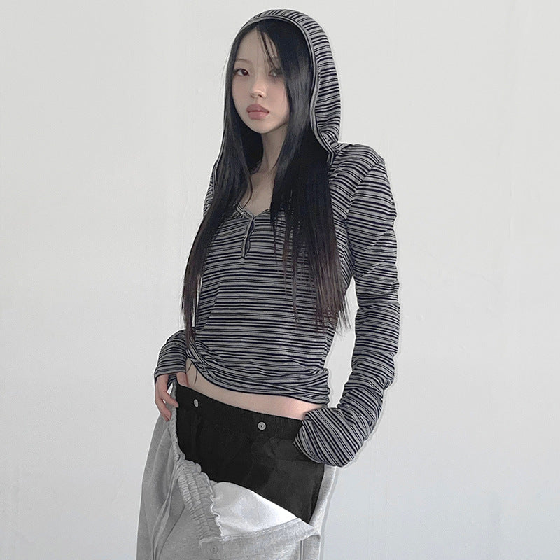 European And American Retro Stripes Contrast Color Hooded Breasted Long Sleeve