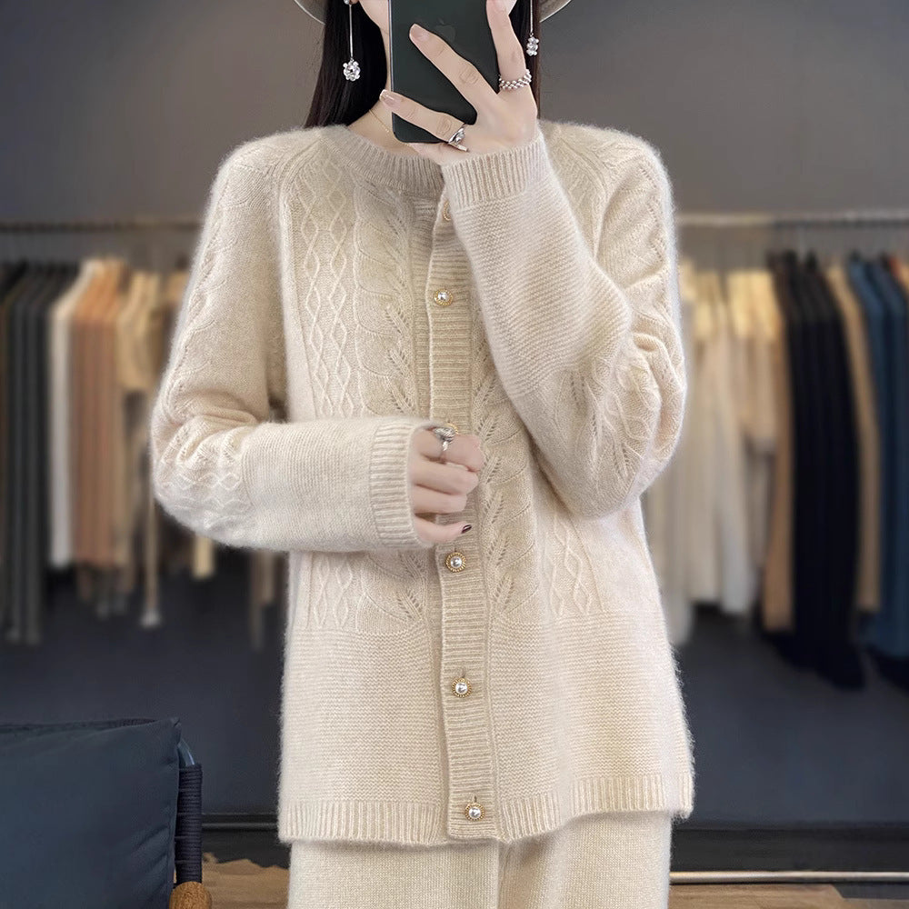 Round Neck Pure Wool Knit Cardigan Women's Long Sleeve Casual Simple
