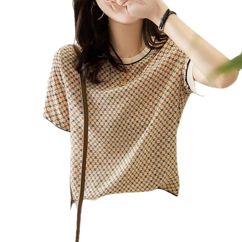 Artificial Silk Loose Slimming Ice Silk Top Printed Chiffon Shirt Fashionable Temperament Short Sleeve T-shirt