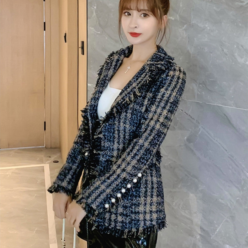Fashion Slim Tweed Plaid Beaded Tassels Blazer