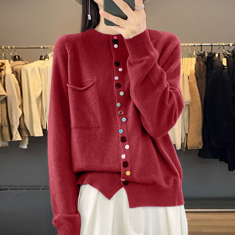 Women's Round Neck Knitted Cardigan With Color Buckle Inner Wear Blouse