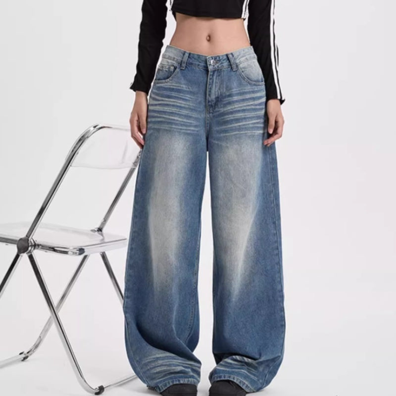 American-style Retro Blue Cat Wide-leg Jeans
