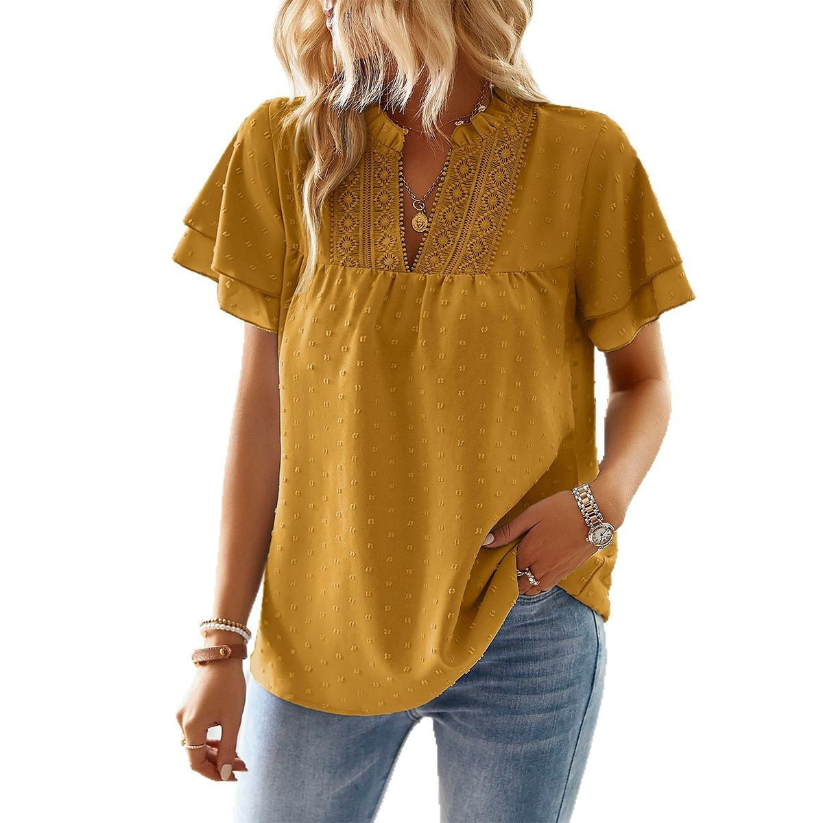 Holiday Casual Style Deep V Fluted Collar Shirt Women's Clothing