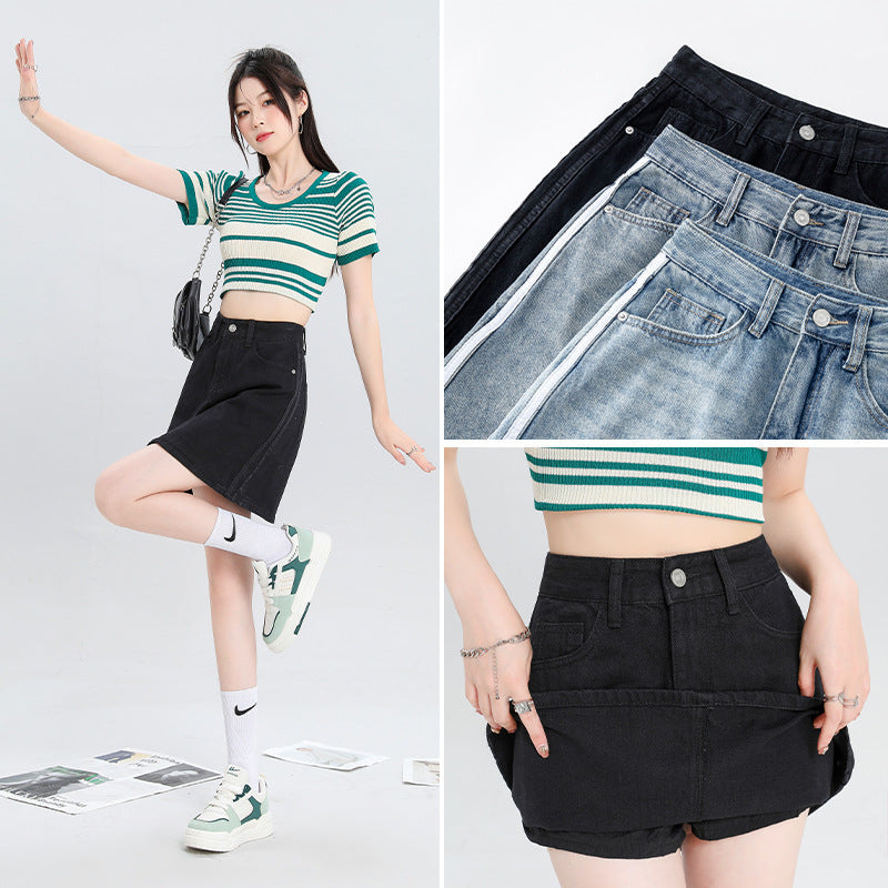 Three-color Ribbon A- Line Skirt High Waist Lining Anti-exposure Skirt