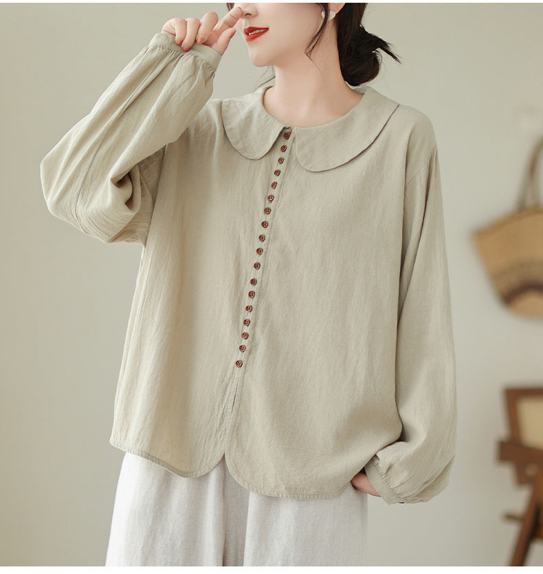 Women's Simple Doll Collar Cotton Linen Long Sleeve Blouse