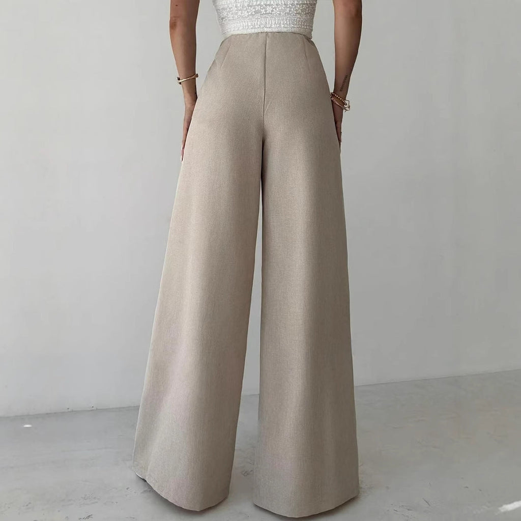 High Waist Beige Metal Buckle Wide Leg Pants