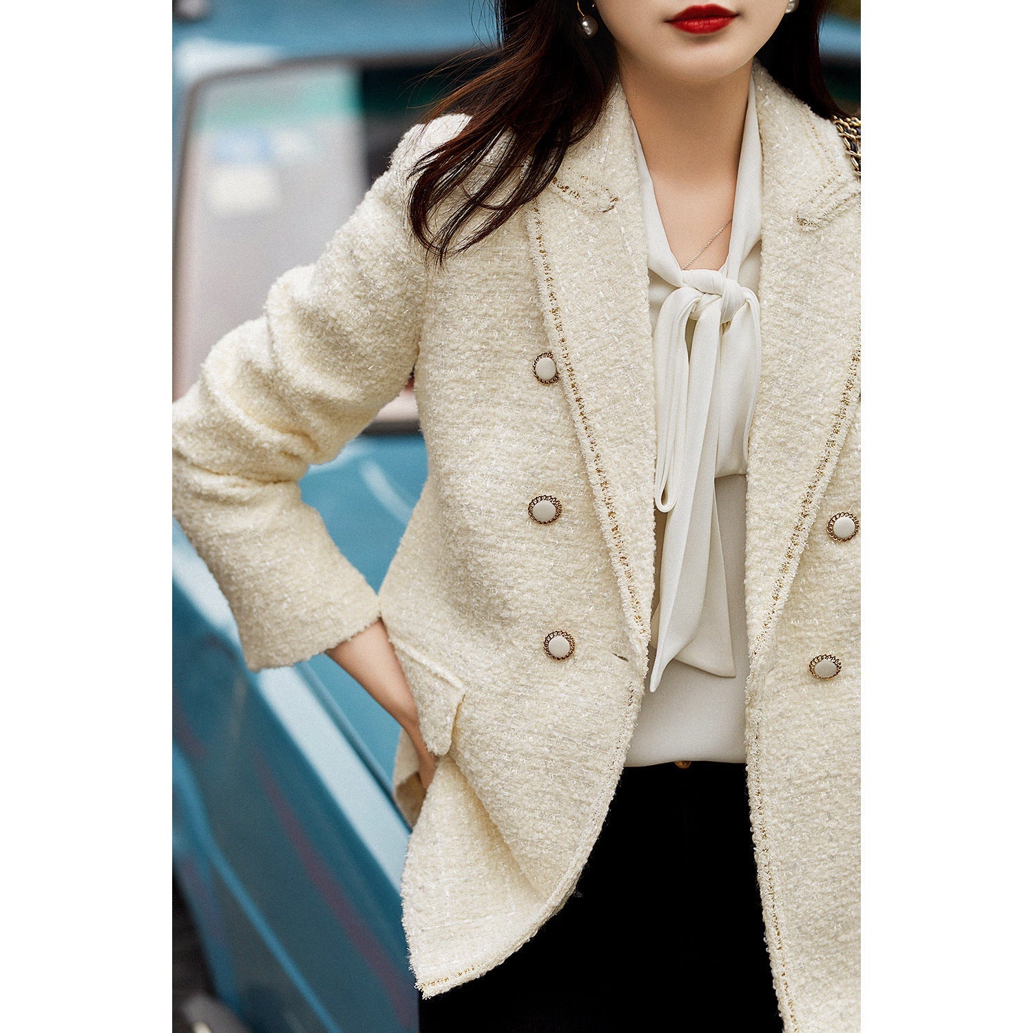Women's Wool Solid Color Tweed Short Suit Jacket