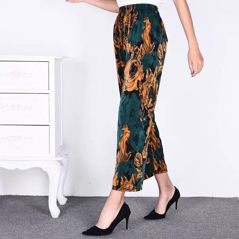 Ice Silk Wide-leg Pants Middle-aged And Elderly Loose Flower Pants