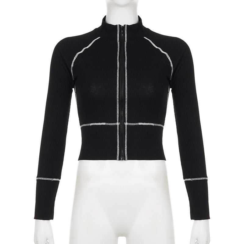 Women's Fashion Casual Contrast Color Zipper Tight Long Sleeve