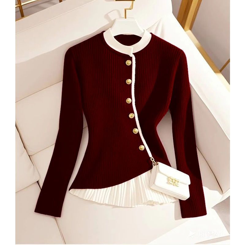 Design Sense Wine Red Fake Two-piece Knitted Sweaters