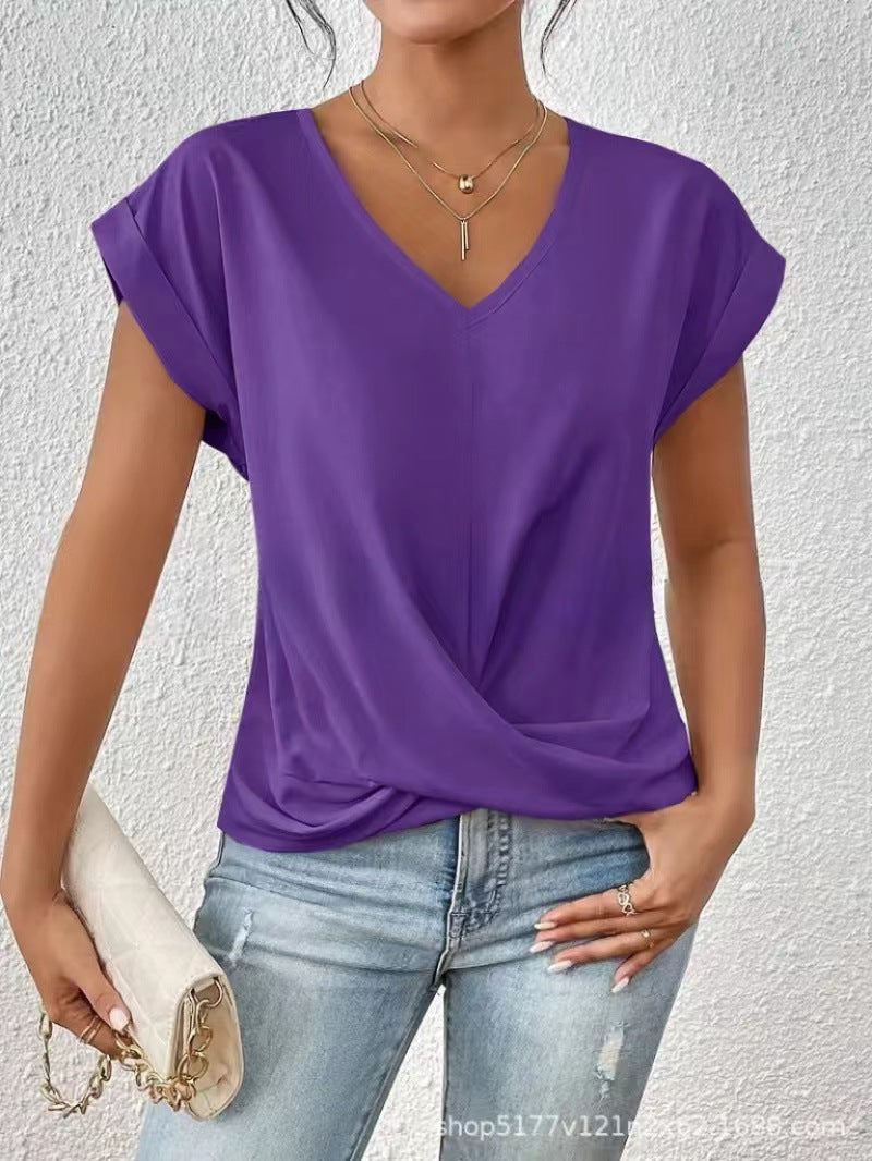 Solid Color V-neck T-shirt Elegant Short Sleeved Top For Spring And Summer Women's Clothing