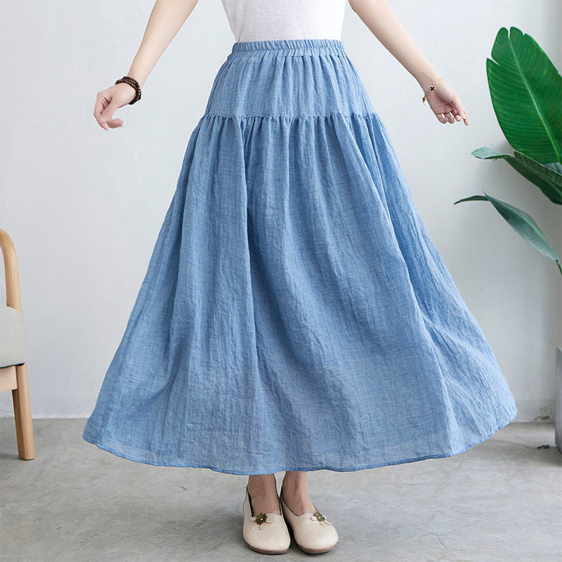 Pure Color Elastic Waist Cotton Ramie Body Pleated Long Skirt Summer Big Swing Skirt