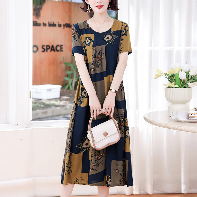 Middle-aged And Elderly Women's Cotton Silk Printing Maxi Dress