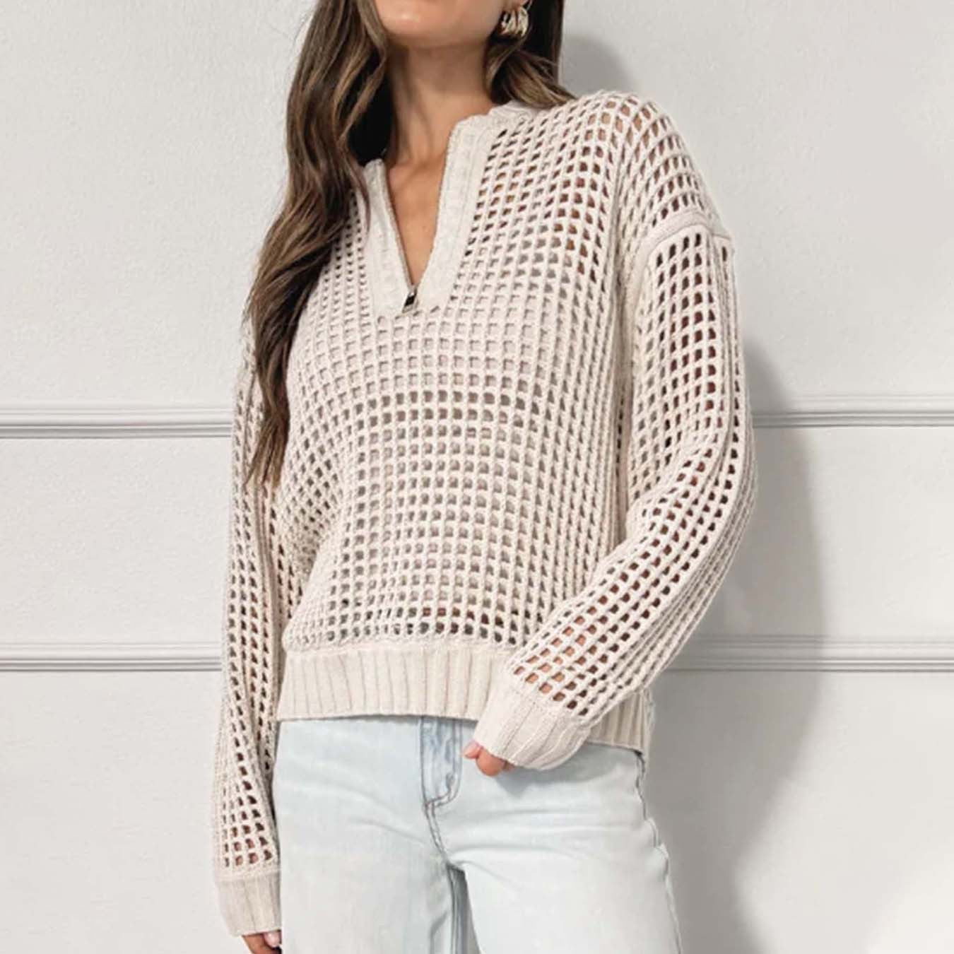 Fashion Women's Wear Pullover Zipper Half Cardigan Hollow Out Sweater