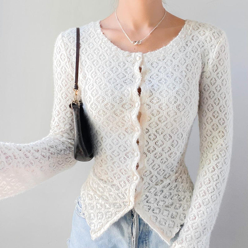 Fashion Slim Jacquard Lace Long Sleeve Cardigan Top