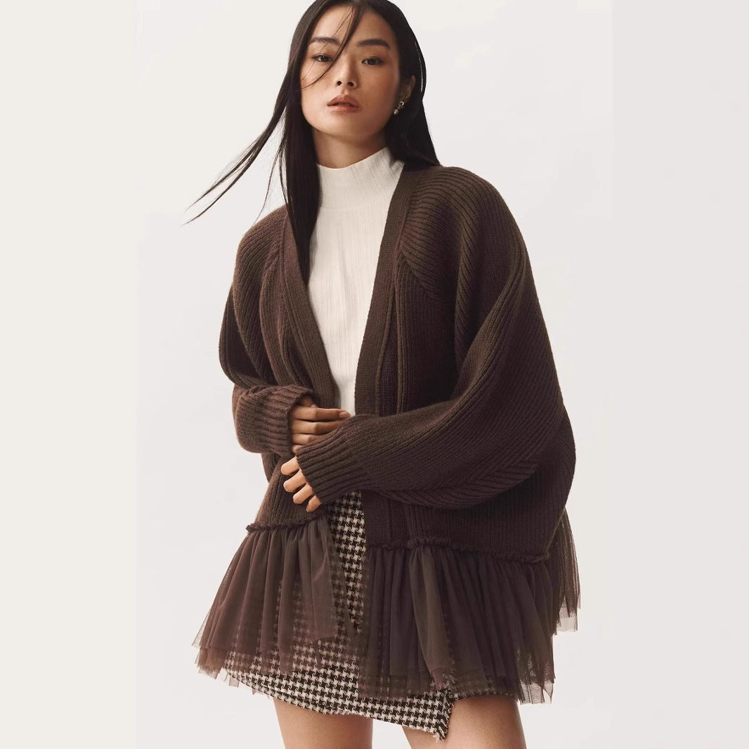 Ruffled Gauze Knitting Sweater Cardigan Long Sleeve