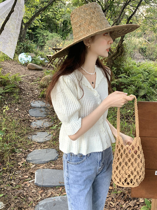 Gentle Romantic Lapel Puff Sleeve Slim Chic Top Crocheted Button Knitted Sweater Cardigan For Women