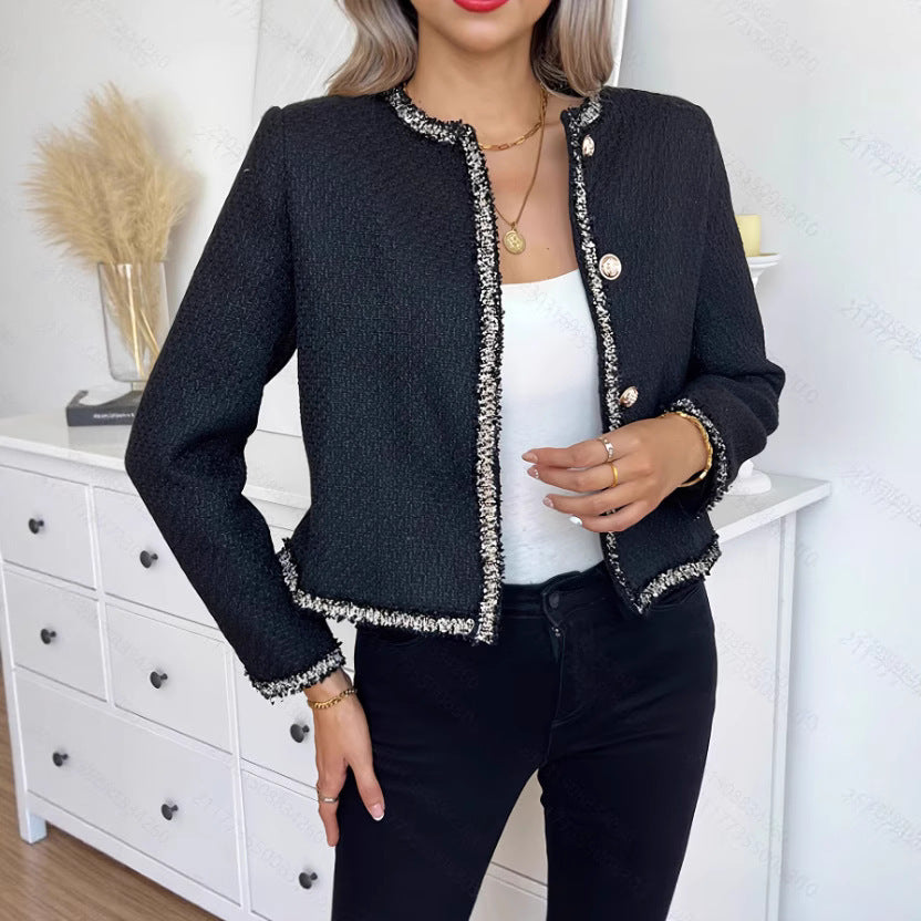 European And American Black Tweed Coat