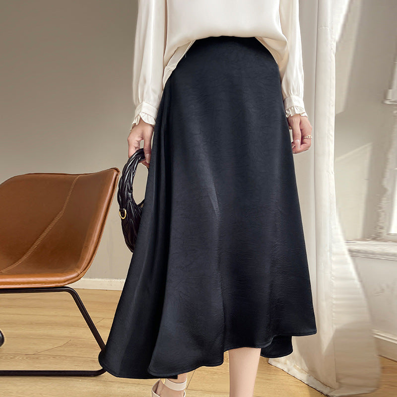 Water Ripple Skirt Silk Texture Mid-length High Waist Solid Color Skirt