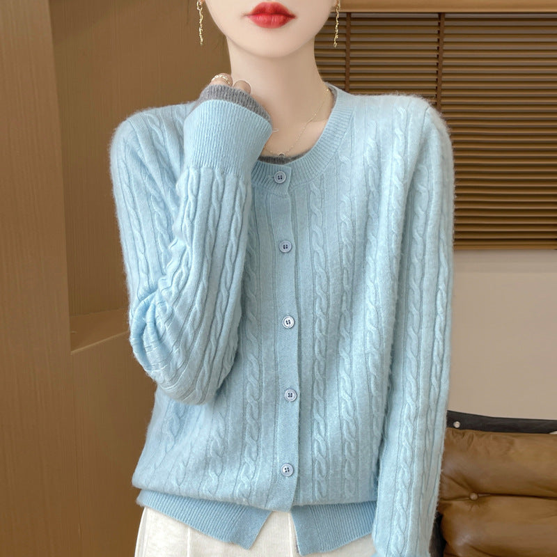 O-neck Short Small Twist Knitted False Two Pieces Color Matching Cardigan Jacket