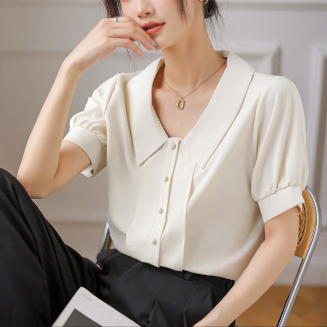 French Style White Short-sleeved Chiffon Shirt With Doll Collar Retro Lantern Sleeve