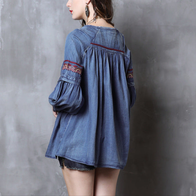 Lantern Sleeve Large Size Denim Shirt Retro Embroidery Strap Loose Long-sleeved Shirt Women