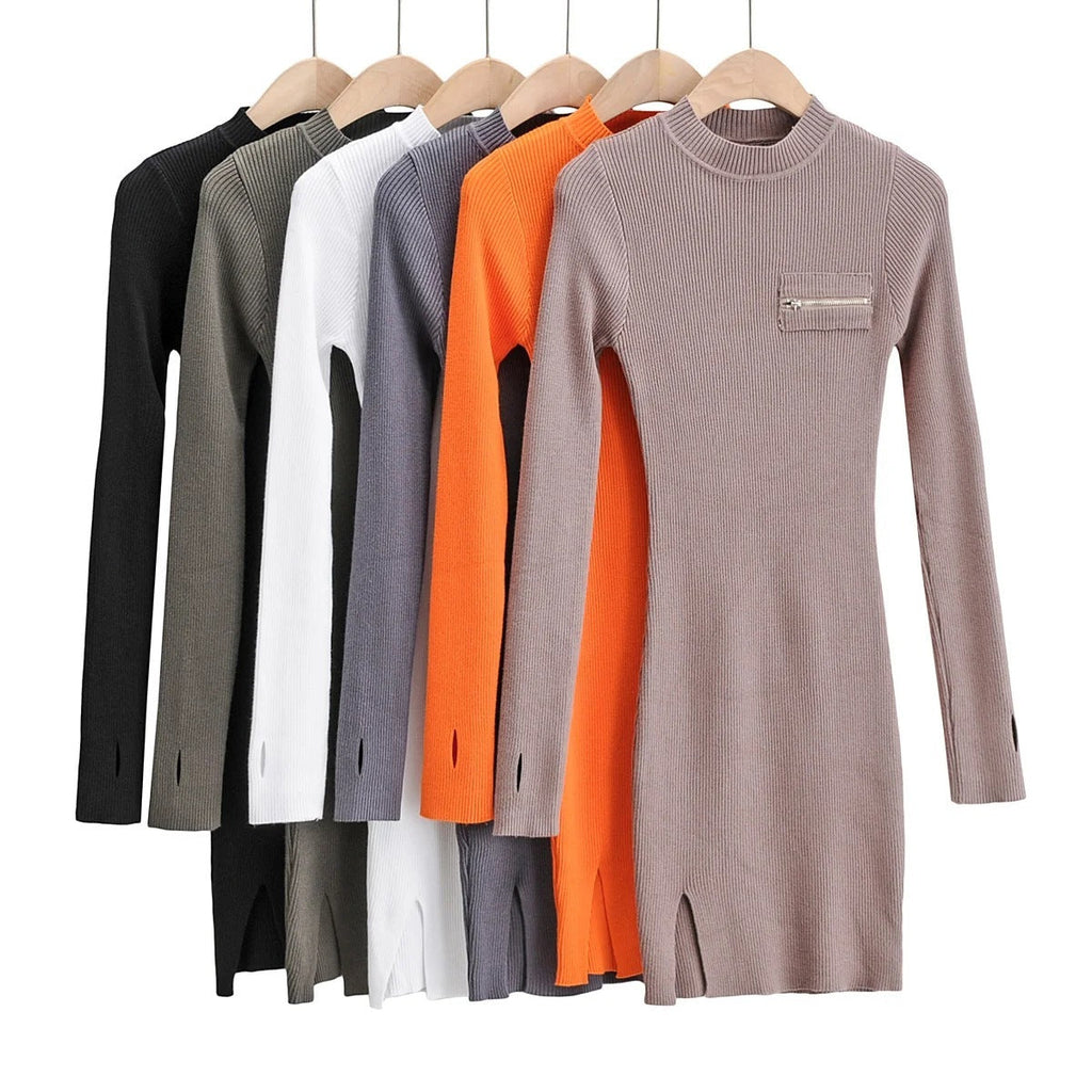 Chest ZipperSide Slit Dress Women's Long Sleeve Hip Skirt