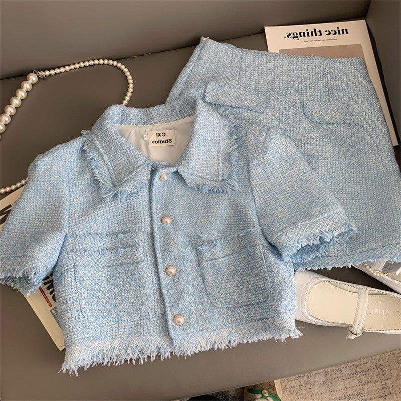 Temperament Tweed Short Jacket High Waist Pack Hip Skirt Two Piece Set