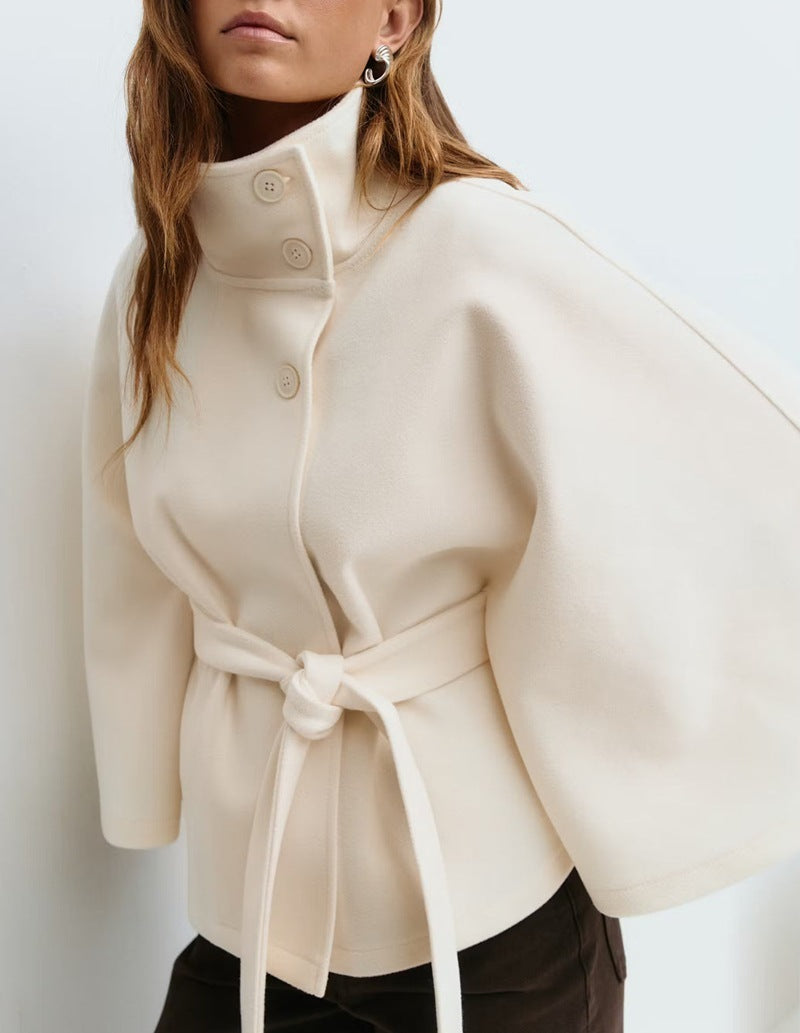 Women's Autumn And Winter New Solid Color Cloak Stand Collar Button Belt Trench Coat