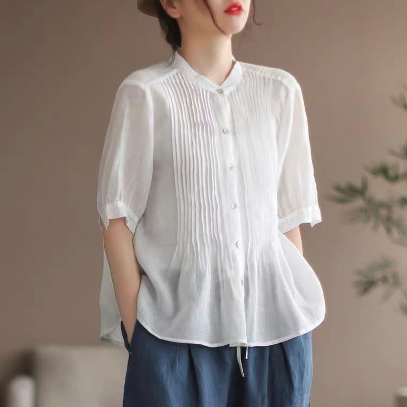Middle-aged Artistic Retro Women's Cotton And Linen Short-sleeved Shirt