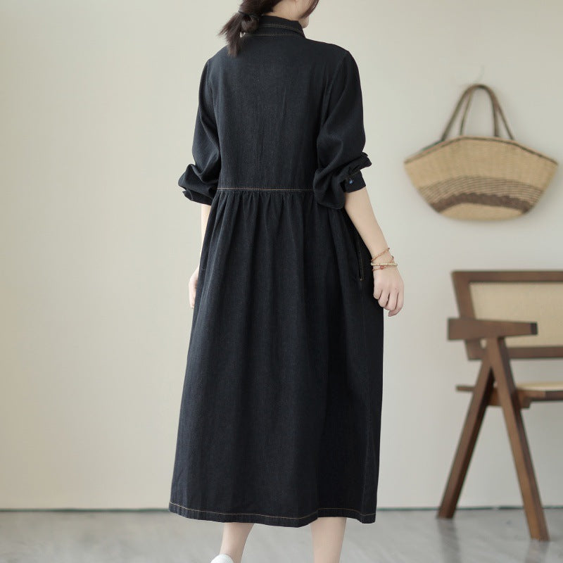 Anti-aging Long Sleeves Denim Mid-length Dress Casual Loose Pullover Doll Collar Denim Skirt