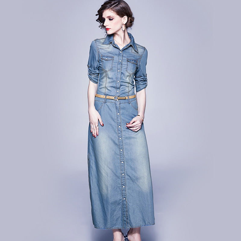Fashionable Slim Slit Blue Tencel Denim Lapel Dress